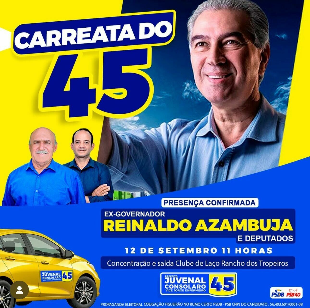 Imagem de compartilhamento para o artigo Amanhã: candidato Juvenal Consolaro e vice Jorge Enfermeiro fazem carreata com presença do ex-governador Reinaldo Azambuja em Figueirão da MS Todo dia